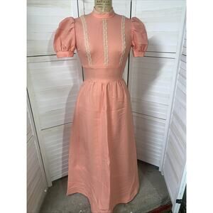 Vintage Handmade 60s Peach Maxi Hostess Fitted Sheath Short Sleeve Sz Small